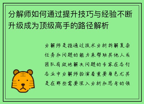 分解师如何通过提升技巧与经验不断升级成为顶级高手的路径解析